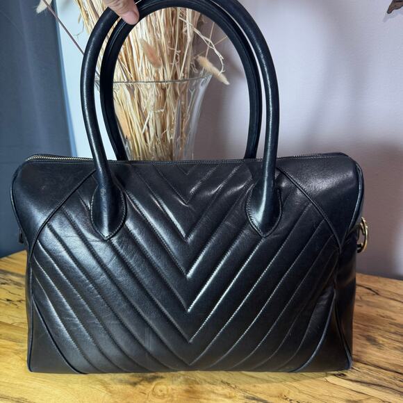 Chanel Vintage Black Chevron Lambskin Medallion Duffel Tote Bag Authentic CoA - Picture 2 of 16